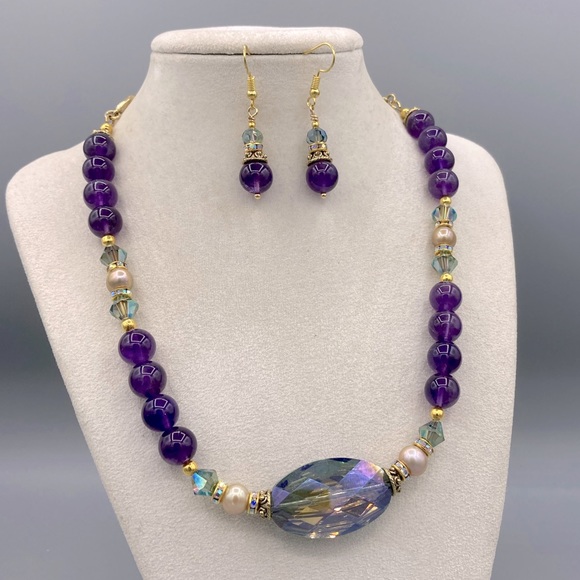 Genuine Amethyst, Champagne Pearl & Faceted Crystal Necklace Set - Picture 3 of 5